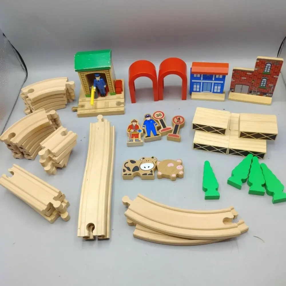 Wooden Train Track Lot Curved Straight Hill Buildings Figures 40+ Pieces